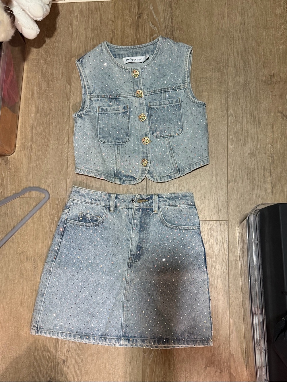 Self Portrait Light Blue Denim Rhinestone Vest & Skirt Set - Picture 3 of 4